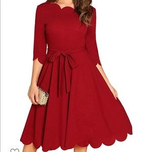 Belted 3/4 Sleeve Fit Flare Cocktail Scallop Dress